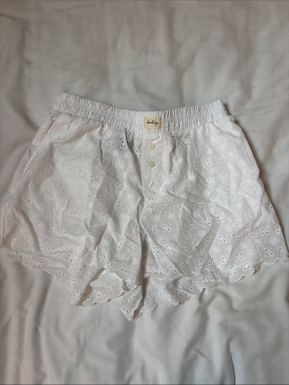 White Eyelet Scallop Hem Women's Shorts